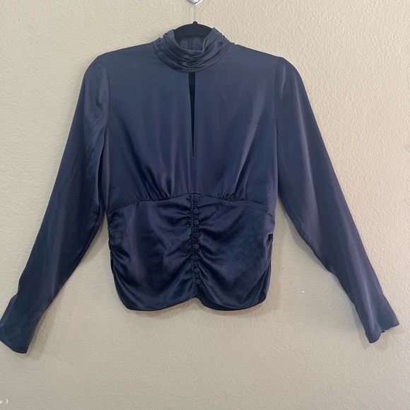 FRAME Denim Felicity Silk Mock Neck Keyhole Button Front Blouse Top Navy Sz S - Picture 3 of 12